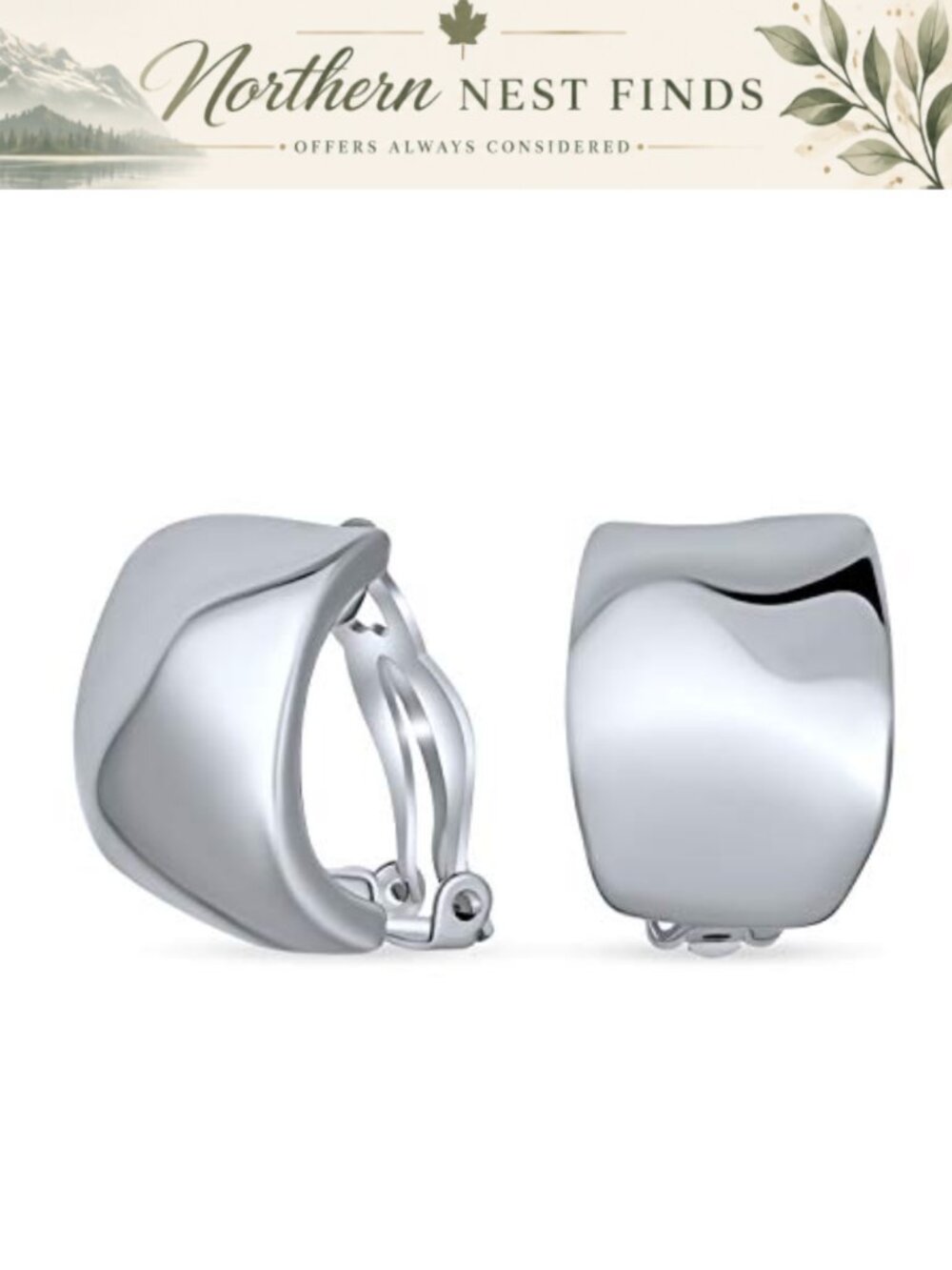 Hammered Dome Half Hoop Clip-On Earrings Rhodium Plated Brass